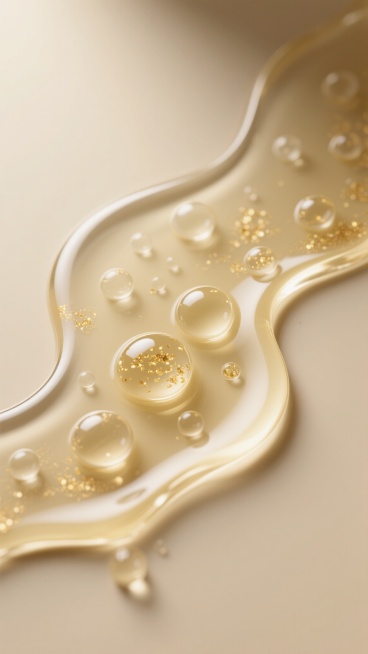 超写实微距摄影风格的精华液特写，主体为流动的透明偏淡黄色精华液，呈现出自然的波浪形边缘，内部及表面分布着大小不一、圆润饱满的透明气泡，部分气泡中含有微小的金色闪光颗粒。背景为柔和的米黄色渐变，光线从上方斜射，赋予精华液表面高光泽的反光质感和清晰的高光区域，阴影细腻柔和，营造出纯净、高端、水润的护肤产品氛围。构图采用不对称布局，精华液占据画面主要区域，边缘有部分滴落感，整体画面通透、细腻，突出精……预览效果