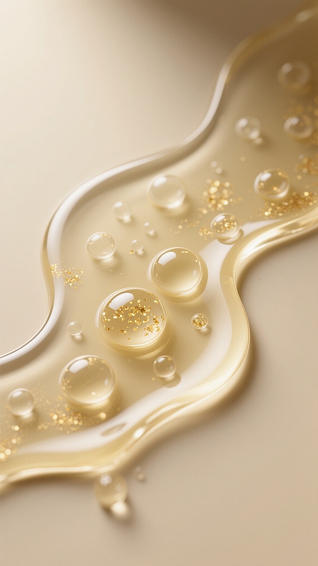 超写实微距摄影风格的精华液特写，主体为流动的透明偏淡黄色精华液，呈现出自然的波浪形边缘，内部及表面分布着大小不一、圆润饱满的透明气泡，部分气泡中含有微小的金色闪光颗粒。背景为柔和的米黄色渐变，光线从上方斜射，赋予精华液表面高光泽的反光质感和清晰的高光区域，阴影细腻柔和，营造出纯净、高端、水润的护肤产品氛围。构图采用不对称布局，精华液占据画面主要区域，边缘有部分滴落感，整体画面通透、细腻，突出精华液的粘稠质地与滋养特性。