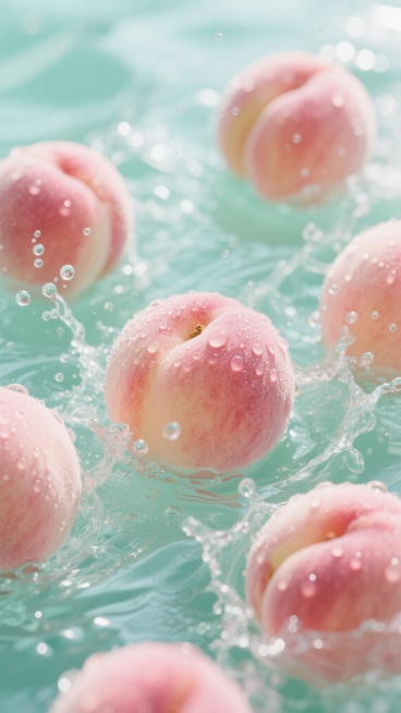 多个饱满水蜜桃悬浮在透明水花中，表面覆盖晶莹水珠，水滴四溅形成大量气泡和水纹，整体采用清新的粉绿色调，水蜜桃保持原有的圆润形态和细腻绒毛质感，光线明亮柔和，营造出清爽水润的氛围，具有高分辨率的照片级质感，光影过渡自然，画面充满动感和透明感。预览效果