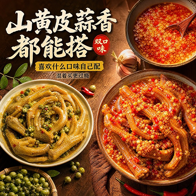 [主图-2] 口味图，双口味对比展示山黄皮vs蒜香。
[统一基调] 抖音风格美食主图，暖橙红为主色调，深棕红油亮食物底色，主标题用粗厚书法体米白字带轻微阴影，副标题用清爽黑体暖黄色，强调字用朱红印章式圆章点缀，整体高饱和高对比，强食欲感，大师级商业美食摄影质感，1:1正方形构图。
[画面] 右侧做双分区视觉，左边偏山黄皮风味：一只白瓷盘装着山黄皮鸭爪，鸭爪呈黄绿棕色调，表面点缀绿色山黄皮果碎，旁边放一竹篮新鲜山黄皮果作为原料展示。右边偏蒜香风味：一只粗陶碗装着蒜香鸭爪，红亮油润，表面满是蒜蓉和红辣椒碎，旁边放一碗正在熬制的蒜蓉辣椒酱特写。中间用自然光线过渡，形成明显双口味对比。俯拍视角，两边食物各占画面约40%，中间留空放文字。
[光影质感] 自然暖阳光线，左右两边各自布光均匀，山黄皮侧偏黄绿清新调，蒜香侧偏红浓郁调，食物表面油亮有光泽，纹理清晰，大师级美食摄影质感。
[配色] 左侧黄绿棕山黄皮色调，右侧红橙金蒜香色调，整体统一暖调，对比鲜明又和谐。
[文字版式] 左上或左中位置文案，主标题粗书法体米白色“山黄皮蒜香 都能搭”，副标题暖黄色黑体“喜欢什么口味自己配”，小字黑色“混着买更过瘾”，文字放在左侧负空间，不遮挡食物主体。
[输出要求] 1:1比例，2K高清，文字清晰无错字，双口味对比明显，鸭爪形态真实，负向：模糊、变形、错字、水印、颜色发灰、塑料感。