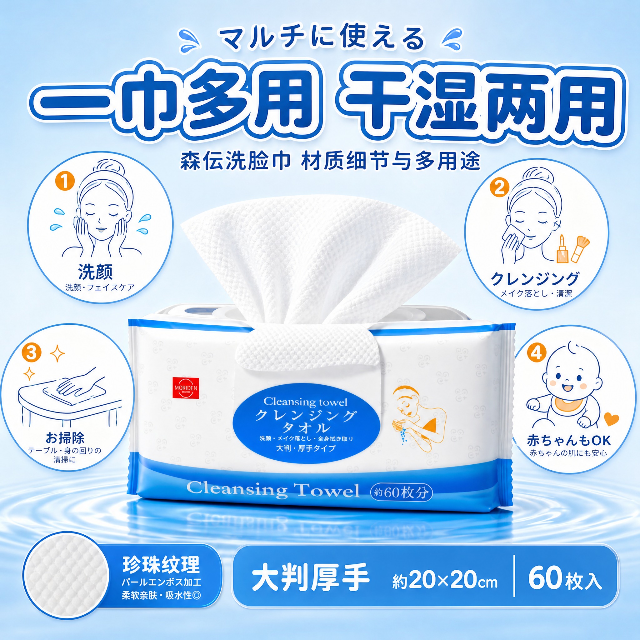 [主图-3] 材质细节与多用途。森伝洗脸巾材质与多用处展示主图… - 图片创意预览