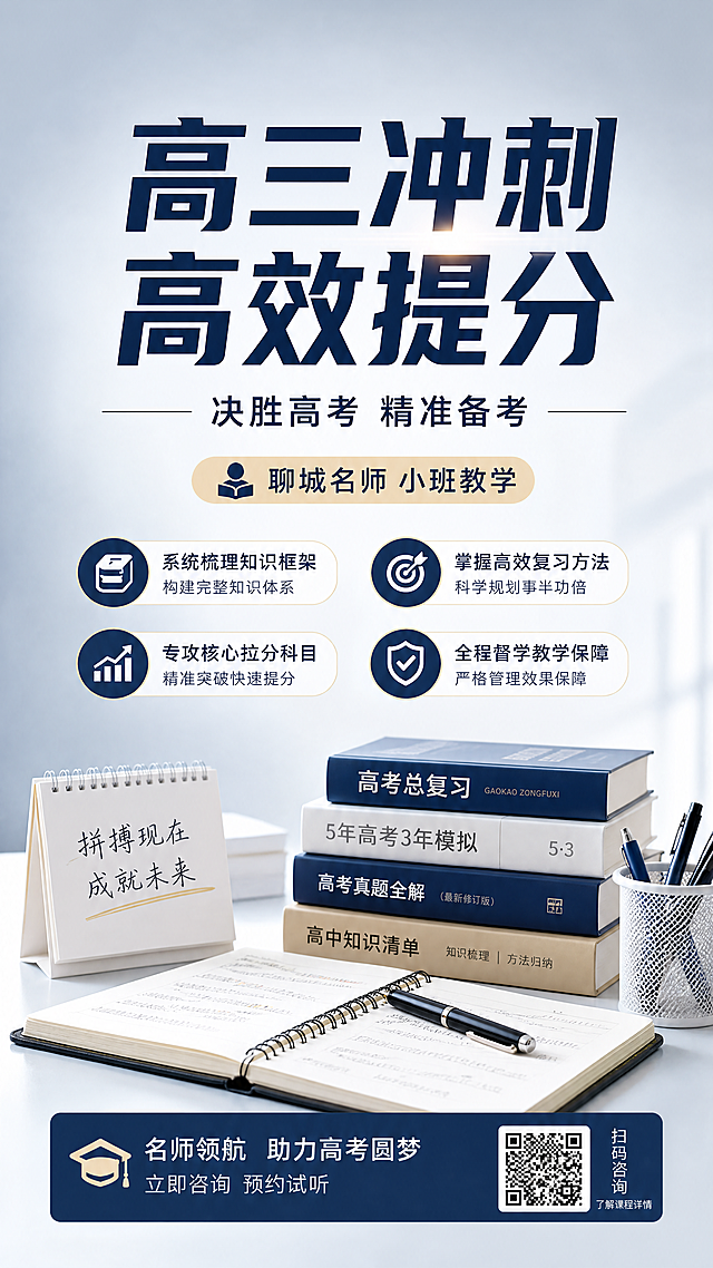 高三辅导班招生，要简单清晰明了，高三冲刺 —— 高效提分，决胜高考
高中三年的终点，是一场拼基础、拼方法、拼心态的硬仗：
知识体系庞杂，复习节奏紧张，知识点漏洞一旦没补上，就会变成考场丢分点；
一轮、二轮、三轮复习层层递进，方法不对就容易陷入 “越学越乱、越练越慌” 的循环；
模拟考、周测、月考接踵而至，心态和应试技巧跟不上，平时会的题也拿不到分。
这个关键阶段，我们帮孩子：
✅ 系统梳理高中知识框架，扫清考点盲区 —— 由聊城本地高中在职高三把关教师授课，精准对标高考考纲，拆解高频考点、重难点和易错点，不走无效刷题的弯路。
✅ 掌握高三专属复习方法，告别低效备考 —— 常年带高三毕业班的老师，深谙学生复习中的常见误区，帮孩子跳出死记硬背的惯性，建立模块化复习、错题复盘、专题突破的高效备考思维。
✅ 主攻语数英物化生 / 政史地核心拉分科目，快速提分 —— 聊城一线教师熟悉本地学生的学情短板，针对性讲解解题技巧、答题模板和得分要点，讲得透、练得会，学一科稳一科。
✅ 从 “盲目刷题” 变为 “精准备考”，从容迎战高考 —— 授课老师就是常年带高三、熟悉本地高考命题规律的在岗教师，教学与高考考点零距离衔接，帮孩子建立应试自信，考场超常发挥。
课程优势
经验丰富的高三把关教师团队
贴合高考考纲的专属教材教法
精品小班制教学，兼顾效率与质量
课程特点
系统梳理高中三年核心知识点，搭建完整知识体系
制定科学的全年复习计划，高效推进三轮备考
传授应试技巧与得分策略，从容迎战高考
教学保障
小班教学，教学质量有保障
一对多教学服务，全程督学答疑