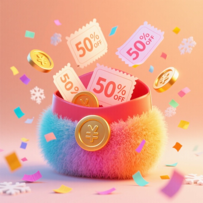 一个红包打开，飞出多张“50%OFF”优惠券，围绕着金币，点缀彩色碎纸，淡橙色渐变背景预览效果