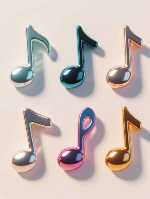 6个不同配色、不同样式、不同材质的「音符」造型，采用3D渲染，具有光滑圆润的形态和强烈的金属光泽质感，光影效果明显，高光与阴影过渡自然，整体呈现出立体感和通透感，上下两行对齐排列在浅色背景上，每个音符造型独特，色彩丰富多样，保持统一的视觉风格和设计感。预览效果