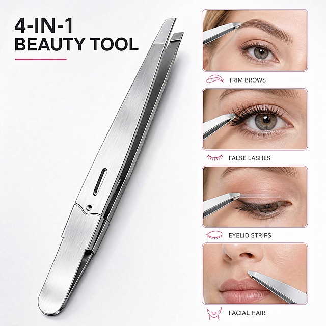 [主图-2] 商品名 Precision Slant-Tip Silver Tweezers - Durable Stainless Steel Beauty Tool 的多用途使用图。唯一任务：证明它同时胜任修眉、面部杂毛、假睫毛与双眼皮贴四类用途，画面不出现重复前图的参数信息。
[统一基调] 明亮通透的冷调浅灰白基底（纯白#FFFFFF与浅灰白#F6F7F9渐变），柔光箱均匀布光、低对比柔和阴影；标题字色深灰近黑#1F2328，说明字色中灰#6B7280，小面积强调色玫瑰粉#E8608F仅用于细线图标与下划线，辅助色冷银灰#C9CFD6；单一无衬线字体外观，大字标题最大最粗、说明文字缩小60%以上；组件为细线图标与圆角浅灰卡片（白底#FFFFFF配1px #E3E6EA描边）；不使用厚重底板与装饰边框。
[画面] 满版左右分栏：左侧55%为产品主视觉，银灰斜头镊竖向斜置、斜尖朝上，产品为明确主视觉；右侧为纵向流式排列的四个圆角细描边小窗，窗内是欧美女性模特眼部与面部局部的真实特写——沿眉形夹除杂毛、夹起单簇假睫毛贴合真睫毛根部、用斜尖把双眼皮贴推入眼褶、夹除唇周与眉间细软杂毛；模特为32岁上下欧美女性，浅棕金发，浅灰褐色眼睛，眉形自然偏疏，动作沉稳专业；模特视角、产品视角与场景视角统一，不使用参考图的眼部人物与动作。
[光影质感] 影棚柔光配合眼部微距柔和补光，皮肤质感真实通透、眼圈不暗沉，睫毛根根分明；产品自然融入画面，光影方向与场景一致，不出现白底残留与边缘硬切。
[配色] 沿用统一基调冷调浅灰白背景，玫瑰粉仅作小窗描边、细线与图标点缀，皮肤与产品银灰本色为画面主要色块。
[文字版式] 顶部左侧留白处放英文标题 "4-IN-1 BEAUTY TOOL"，横排无逗号；四个小窗下方分别配一行短标注 "TRIM BROWS"、"FACIAL HAIR"、"FALSE LASHES"、"EYELID STRIPS"，均横排、字号缩小60%以上，留白不足时缩短文案而不拉伸字体、不遮挡产品与眼睛。
[输出要求] 1:1 方图，产品结构材质与输入图一致，文字清晰可读、拼写正确；禁止变形、错字、模糊、杂乱、水印、中文可见文字、平台Logo与夸张绝对化用语。