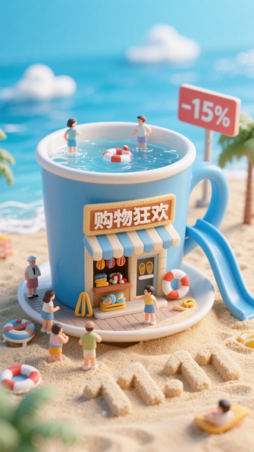 这张海报的主色调为蓝色，背景是海边。海报主体是一个
杯子，杯子右侧有滑滑梯，杯子里水面上是一个微缩世界。杯子开了一个口子，里面是一家游泳店铺，店铺招牌上写着“购物狂欢”，里面有游泳海边用具，粘土的质感预览效果