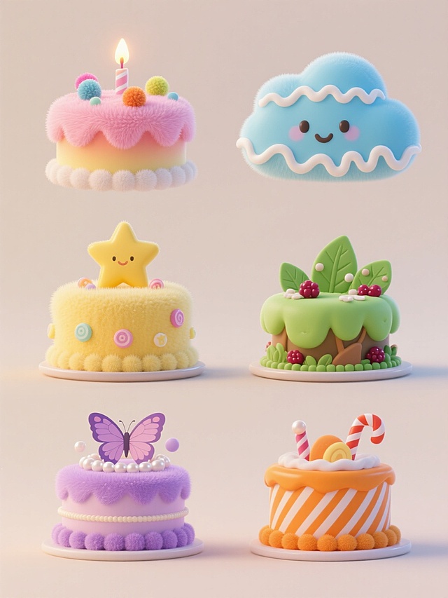 3D渲染风格的六个不同样式蛋糕，浅色背景，上下两行各三个对齐排列。每个蛋糕具有独特装饰：第一个是粉色渐变奶油配彩色毛球和点燃的蜡烛，第二个是蓝色云朵造型带白色糖霜浪花，第三个是黄色星星主题点缀五角星糖果，第四个是绿色森系风格装饰树叶和浆果，第五个是紫色梦幻系搭配蝴蝶和珍珠，第六个是橙色活力风带有条纹和糖果棒。所有蛋糕保持统一的可爱卡通风格，柔和的光影效果，毛茸茸的质感，圆润的造型，明快的色彩搭配，整体呈现出甜美、童趣、治愈的氛围。