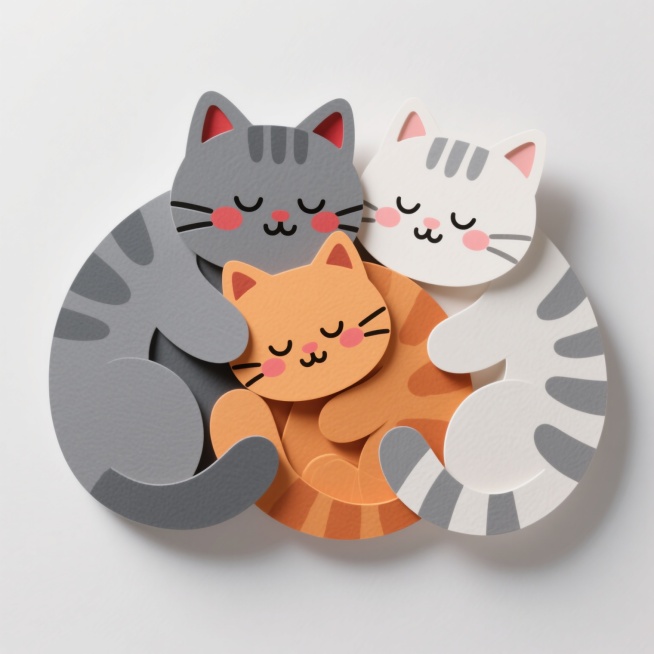三只可爱的卡通猫咪，它们蜷缩在一起睡觉，表情安详，闭着眼睛，脸上带着红晕，一只灰色，一只橘色，一只白色带灰色条纹，背景是纯白色，采用立体剪纸风格，猫咪身体有明显的层次感和阴影，线条圆润，色彩明快，具有手工剪纸的质感和立体感，整体画面温馨可爱，适合作为儿童插画或可爱主题的设计元素。预览效果
