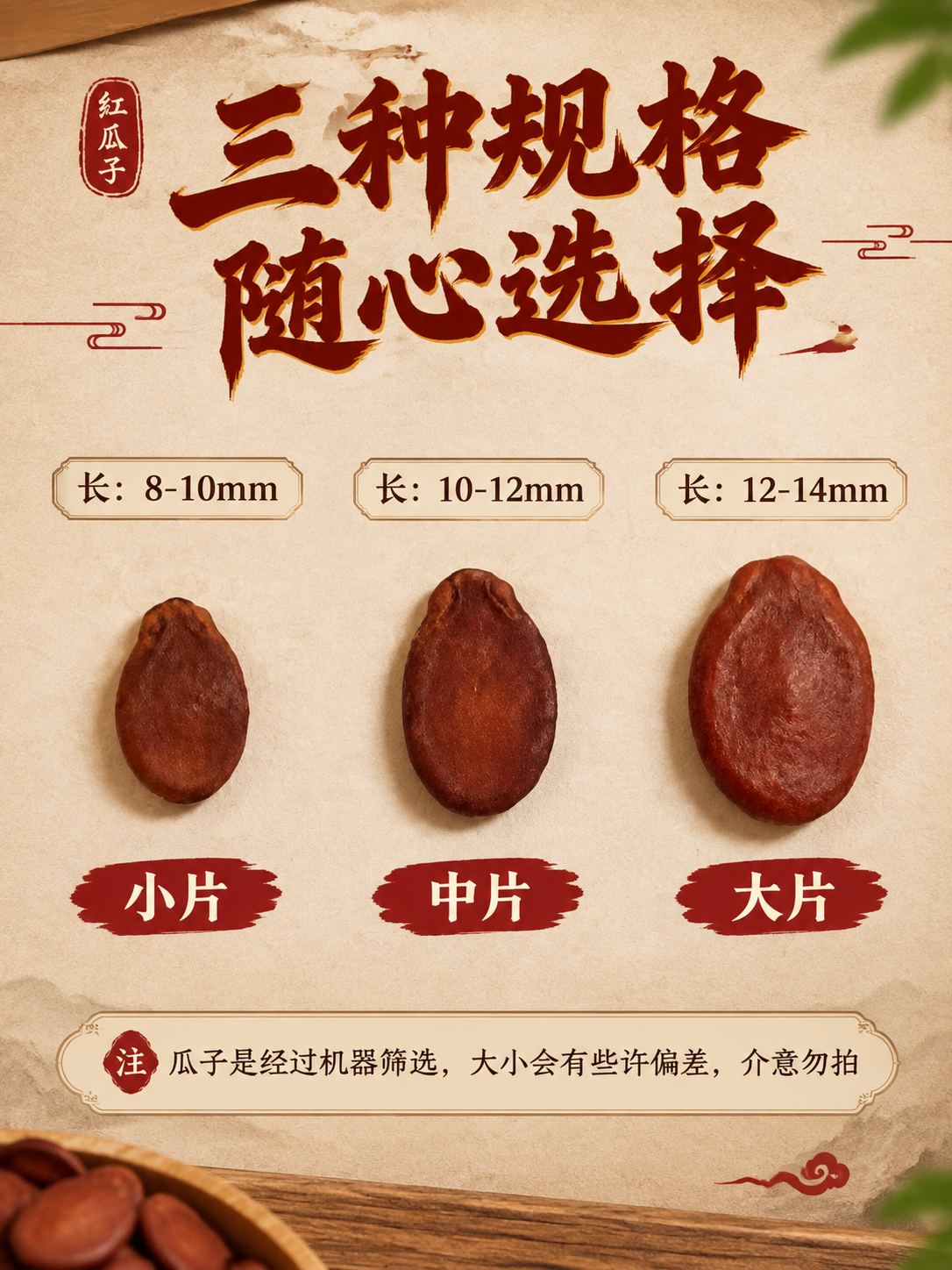[商品] 使用【图2】三种规格红瓜子对比图；保留小片8-10m… - 图片创意预览