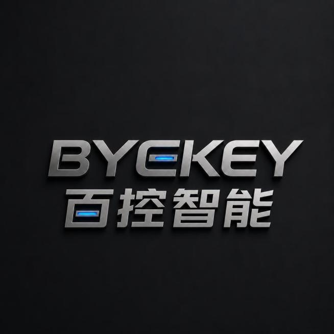 在原有字母"BYEKEY"下方添加中文文字"百控智能"，保持文字对齐，文字风格和上方金属3D质感哑光银色蓝色发光科技风格完全一致，保持纯黑色干净背景，保留所有原有元素不变，文字整体完整居中，不裁切预览效果