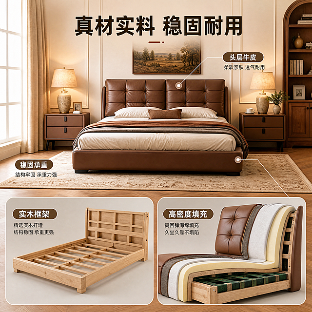 [主图-2] 真皮双人床内部结构卖点展示
[氛围风格] 专业直观 清晰展示用料
[画质] 商业摄影质感、光线柔和通透、产品清晰真实、画面干净高级
[元素] 保持产品外观与输入产品图一致，整体场景沿用第一张的背景风格保持统一。上半部分展示完整床体外观，下半部分用两个圆角画中画分别展示实木框架和内部结构，每个画中画标注对应名称。用带光点细线引线标注核心卖点位置。商品主体占比合理，画面满版无边框。
[光影] 光线均匀通透，内部结构清晰可见，明暗层次分明，没有死黑区域
[配色] 沿用首图配色体系，整体保持可可棕+暖木色+米白一致风格
[视角构图] 七三分构图，上整体下细节，布局清晰
[文字版式] 顶部居中主标题大字"真材实料 稳固耐用"，深棕色粗体；下半部分两个圆角画中画，左框标注"实木框架"，右框标注"高密度填充"，框内文字白色小粗体；引线标注对应细节，文字清晰不遮挡，保持透气留白。1:1比例，文字清晰，整体风格统一
[比例分辨率] 1:1比例，4k分辨率，文字清晰可辨，超高清
[负向提示词] 变形，水印，文字错乱，产品图模糊，背景杂乱，文字遮挡主体