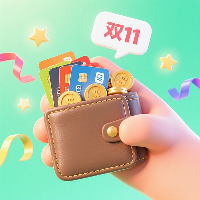 画面中心是一只手拿着一个大大的钱包，钱包里面是金币、银行卡，钱包上有冒出一个对话框，里面写着“双11”，点缀彩带，四周围绕着几个星星，浅绿色背景。