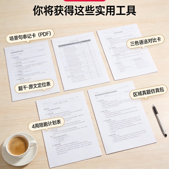1:1 小红书商品详情页，展示数字产品内容。  
桌面俯拍视角：整齐摆放5份学习资料，每份带标签：  
- “场景句串记卡（PDF）”  
- “三色语法对比卡”  
- “题干-原文定位表”  
-预览效果