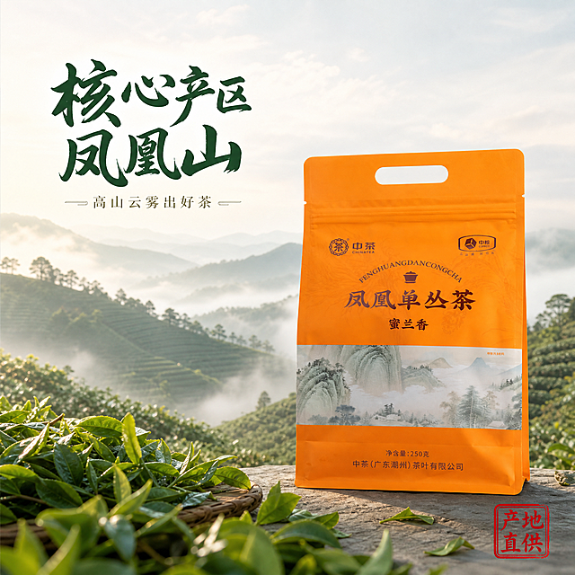 [主图-2] 凤凰单丛茶核心产地溯源主图，国潮风格。
[氛围风格] 国风茶产地意境，自然清新氛围感；
[画质] 商业摄影质感、光线柔和通透、产品清晰真实、画面干净高级。
[元素] 橙色产品包装放在画面右侧，保持原包装所有信息完全一致不变形。左侧融入潮州凤凰山茶园远景，层叠茶山云雾缭绕，前景散落新鲜采摘的茶叶，整体融合自然不割裂。商品占比约60%，布局平衡。
[光影] 自然晨光穿过薄雾，整体温暖明亮，茶园层次通透，产品包装光影均匀清晰。
[配色] 茶园绿色、云雾浅灰搭配产品暖橙色，色调清新自然，国潮氛围感。
[视角构图] 平视视角，左右分区平衡构图，左侧产地风景右侧产品，景深自然。
[文字版式] 左上角国潮书法大字“核心产区 凤凰山”，深绿色最大字体；下方小字说明“高山云雾出好茶”浅绿色细体。右侧产品底部点缀红色印章“产地直供”，文字不遮挡主体，清晰可读。
[输出要求] 1:1比例，文字清晰可辨，超高清商业摄影质感
[负向提示词] 变形，文字错乱，产品图模糊，背景杂乱，水印，电商平台Logo，文字遮挡主体