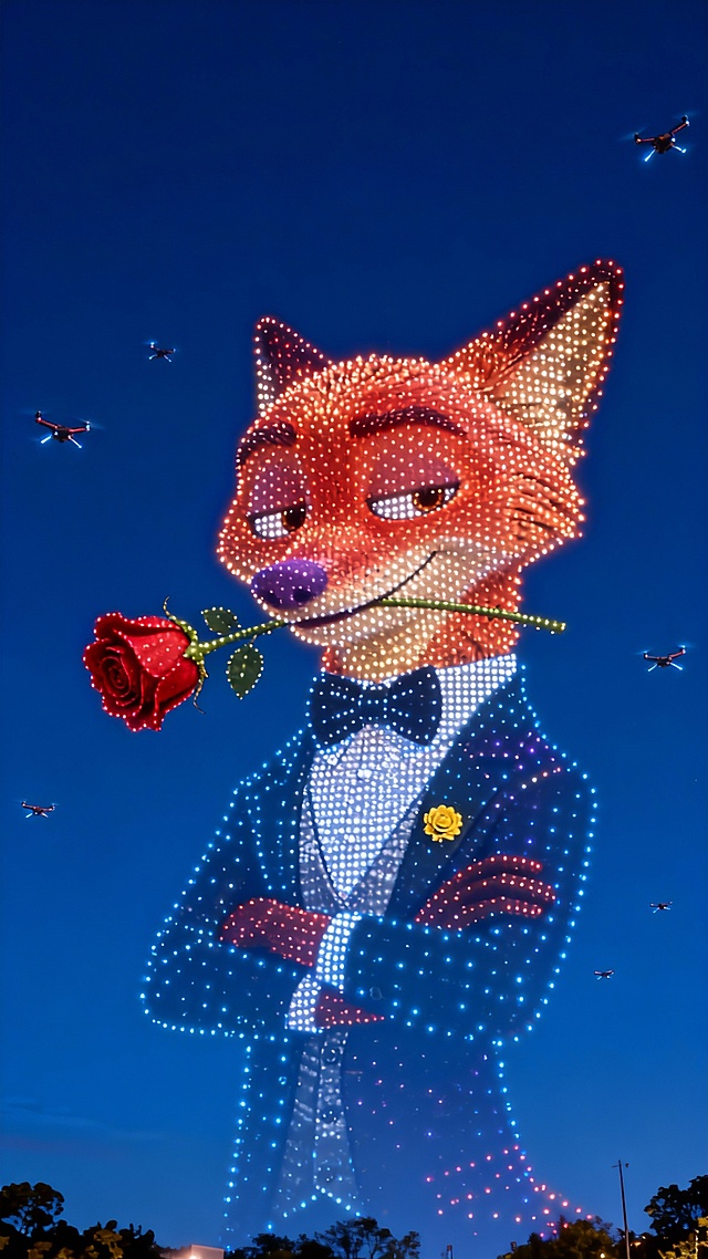 无人机灯光秀，中心区域浮现由无数渐变光点组成的图示人物，形象还原，光点简洁，深夜蓝色天空背景。周围有无人机点缀。