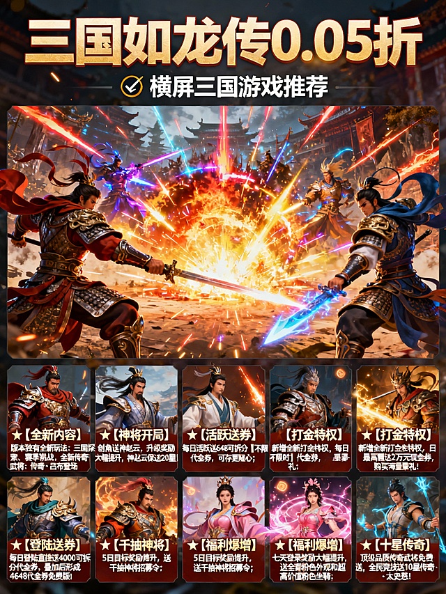 生成一款精致建模回合MMO游戏风格 酷技能炸裂全屏特效横屏三国手游风格的宣传图片30张，“三国如龙传0.05折、三国如龙传折扣手游、三国如龙传福利手游” 为主标题 “✅ 热门回合三国推荐、✅横屏三国游戏推荐、✅ 回合MMO游戏推荐、”为副标题，主标题每张不同，副标题平均分配。福利介绍为★【全新内容】版本独有全新玩法：三国探索、赛季挑战，全新传奇武将：传奇·吕布登场。更多新内容稳定周更，持续迭代
★【神将开局】创角送神赵云，升级奖励大幅提升，神赵云保送20星！
★【活跃送券】每日活跃送648可拆分【不限时】代金券，可存更随心
★【打金特权】新增全新打金特权，每日最高赠送2万元现金券，购买海量豪礼	
★【登陆送券】每日登陆直接送4000可拆分代金券，叠加后形成4648代金券免费版！		
★【千抽神将】5日目标奖励提升，送千抽神将招募令				
★【福利爆增】七天登录奖励大幅提升，送全套粉色外观和超高价值粉色坐骑			
★【十星传奇】顶级品质传奇武将免费送，全民竞技送10星传奇·太史慈！