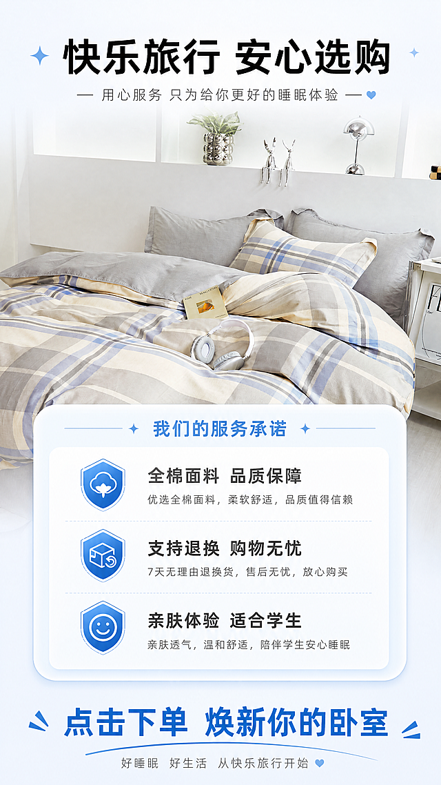 [第8屏] 行动号召与服务-快乐旅行蓝学生三件套售后引导屏。本屏使用【图1】作为商品背景展示，前景放置服务信息。
[氛围/风格] 温馨友好，促进下单，简约电商风格。
[元素布局] 商品整体放置在画面背景，适度模糊突出前景文字和服务信息。前景放置清晰的服务承诺信息卡片，底部搭配行动号召文案，整体不遮挡商品主要轮廓。
[光影质感] 整体明亮柔和，前景信息清晰突出，背景商品光影自然，层次分明。
[配色色系] 全局底色：#F5F8FF；背景商品原蓝灰黄配色；前景浅蓝信息卡片+深色文字，干净清爽。
[视角构图] 商品背景+前景信息卡片竖向构图，符合手机浏览习惯，阅读动线清晰。
[文字版式] 顶部主标题 "快乐旅行 安心选购"，黑色加粗居中。下方信息卡片列出服务承诺：
- 全棉面料 品质保障
- 支持退换 购物无忧
- 亲肤体验 适合学生
底部行动号召文案 "点击下单 焕新你的卧室"，蓝色加粗突出显示。
[比例分辨率] 9:16竖版比例，4K分辨率，文字清晰可辨，超高清。
[负向提示词] 文字错乱，商品主体变形，颜色偏差，排版混乱，水印，诱导按钮。