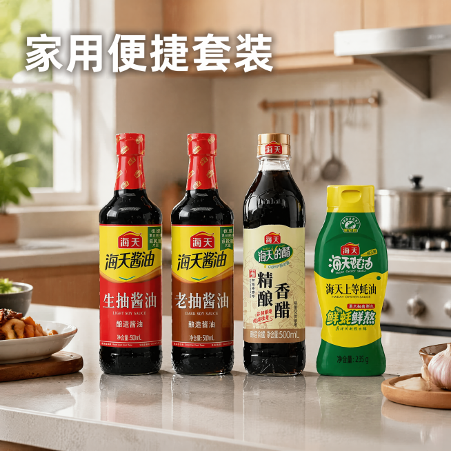 [主图-2] 海天调味组合厨房场景展示图。[氛围风格] 真实居家场景，温馨自然。[画质] 商业摄影质感、光线柔和通透、产品清晰真实、画面干净高级。[元素] 四瓶海天调味品组合摆放在现代厨房的石英石台面预览效果