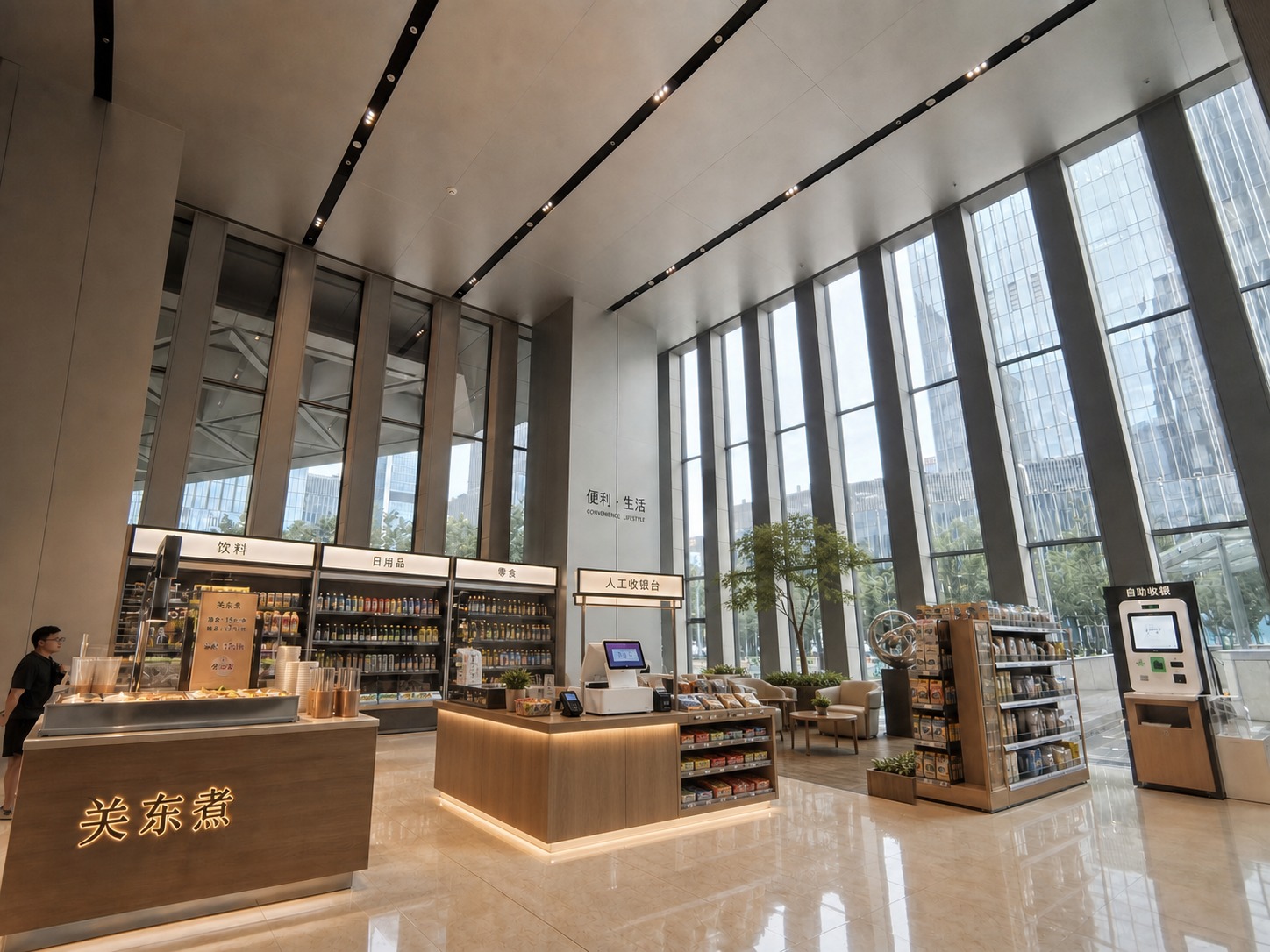 在这张便利店效果图基础上修改：增加一个人工收银台，设计在便利店… - 图片创意预览
