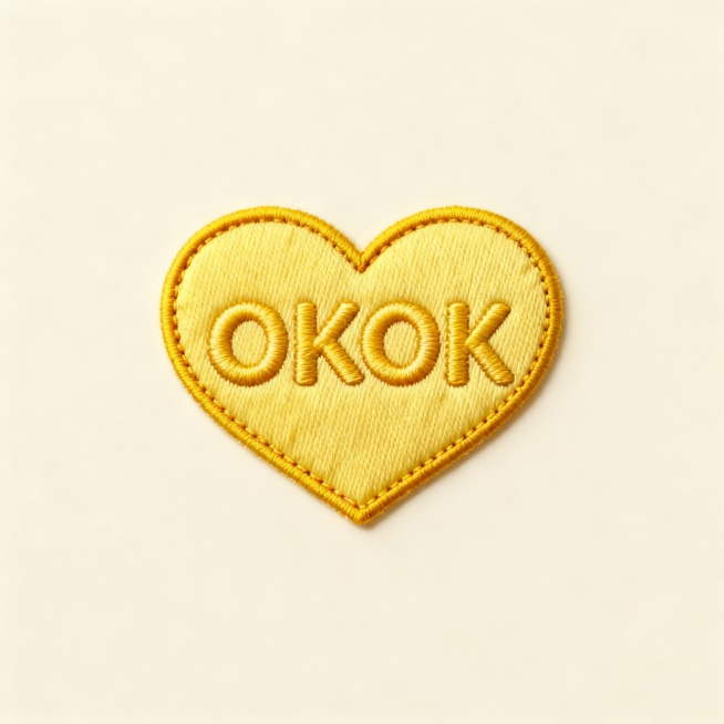 一个充满活力的黄色爱心形状的“OKOK”文字标志，采用立体缝线工艺设计，表面带有细腻的织物纹理和柔和光泽，边缘用深黄色线迹勾勒，呈现手工刺绣质感；背景为纯净单一的浅奶油色，整体风格清新甜美、富有少女感，视觉焦点集中于中央的爱心文字组合，构图平衡、留白充足，营造温馨可爱且具有现代潮流感的视觉氛围。预览效果