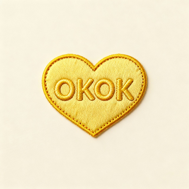 一个充满活力的黄色爱心形状的“OKOK”文字标志，采用立体缝线工艺设计，表面带有细腻的织物纹理和柔和光泽，边缘用深黄色线迹勾勒，呈现手工刺绣质感；背景为纯净单一的浅奶油色，整体风格清新甜美、富有少女感，视觉焦点集中于中央的爱心文字组合，构图平衡、留白充足，营造温馨可爱且具有现代潮流感的视觉氛围。