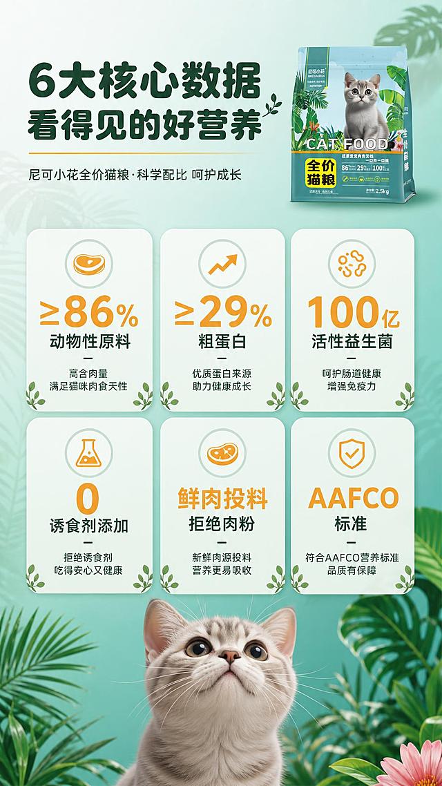 [商品] 使用【图2】尼可小花全价猫粮袋装产品；保留包装袋所有原貌特征；商品处理：产品袋缩小放在画面顶部或角落作为品牌露出，保持清晰可辨识。
[画面] 页面目标：6大核心数据展示，用数据建立专业信任；构图骨架：顶部小标题+产品小图，中部6个数据卡片分两排排列，底部猫咪抬头仰望；主体位置：数据卡片占据画面中部核心区域；主体占比：数据信息占画面约60%；景别：信息全景；阅读动线：从上到下，从左到右；前中后景：前景数据卡片，中景渐变背景，后景隐约的植物纹理；场景：简洁数据展示页，青绿色渐变背景配细腻植物暗纹。
[视觉] 套系策略：风格=自然清新森系商业摄影风；标题字=粗黑体圆润字形；正文字=简洁无衬线体；主色=青绿色（#2A9D8F）；背景延展=基于青绿色做深浅层级、同色渐变和自然植物/木纹/草地质感；强调色=暖黄色（#F4A261），仅用于小面积图标、引线、标签和数字高亮；标题色=深墨绿色；正文色=深灰绿色；组件=圆角浅绿信息卡、细线引线、叶片装饰元素；光影=均匀柔和布光，数据卡片有轻微投影增加层次感。
[文字] 顶部主标题："6大核心数据 看得见的好营养"；6个数据点分两排三列：第一排"≥86% 动物性原料"、"≥29% 粗蛋白"、"100亿 活性益生菌"；第二排"0 诱食剂添加"、"鲜肉投料 拒绝肉粉"、"AAFCO 标准"；每个数据配对应小图标，数字用暖黄色放大突出；底部配一只可爱猫咪仰望的插画或实拍；所有文字横向排版，字号保证手机端清晰可读。
[规格] 图片比例9:16竖版，4K，避免变形、错字、文字过小、数据模糊、冷蓝/蓝灰背景。