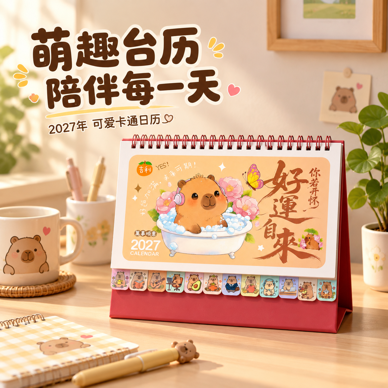 萌趣卡通台历主图，温馨书桌场景展示。水豚款台历放置在浅木色书桌… - 图片创意预览