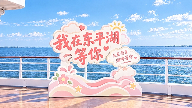 参考三张图的清新治愈卡通立体字风格，生成第三个东平湖等待主题立体字打卡牌：不要镂空，只有字体造型，PVC立体字，爱心云朵+波浪造型底座，主文字"我在东平湖等你"，辅助小字"风里雨里 湖畔等你"，装饰元素：小爱心、小云朵、小星星、小花朵，豆沙粉+奶白马卡龙配色，温柔治愈，简约大气不花哨，文旅风，适合双人打卡，尺寸适中。牌子镶嵌在游船白色栏杆上，后面是辽阔的东平湖湖面，晴朗蓝天，真实自然的游船甲板场景，透视准确，光影柔和，高清2K