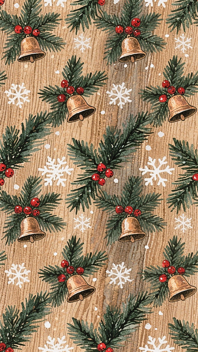 棕木质纹理背景，重复排列深绿松枝环（红莓果）、做旧铜铃，配浅褐木纹雪花，自然森系圣诞无缝装饰图案