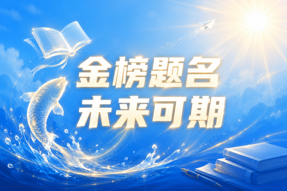设计一张微信公众号文章配图，主题为给高三考生的一封信结尾，整体风格清新励志，主色调为蓝色理性系，加入淡金色光晕体现成功与喜悦，尺寸宽高比为3:2。画面中央分为两行显示文字“金榜题名”“未来可期”，字体预览效果