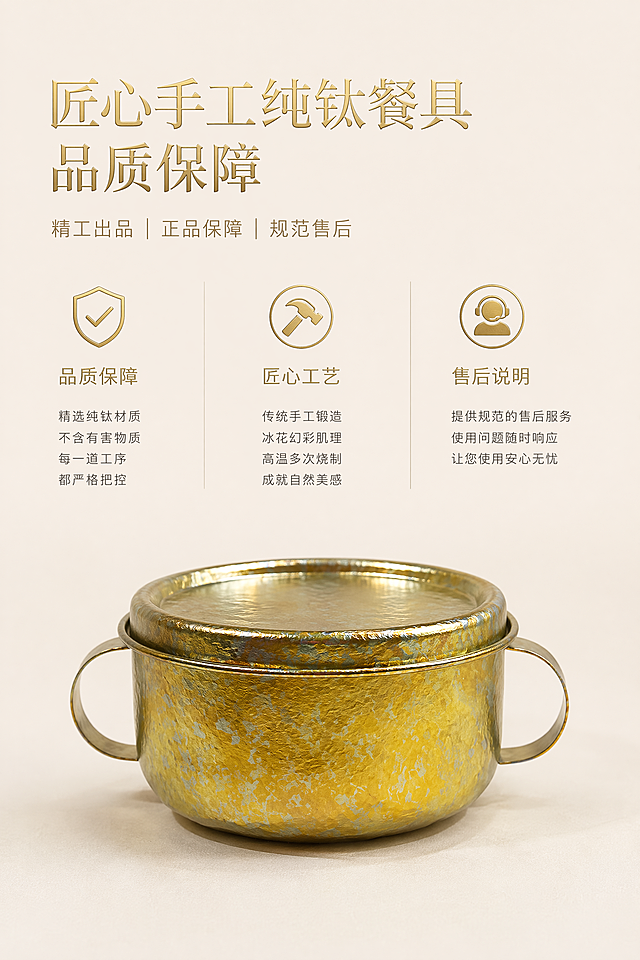 严格还原上传实物原图，完整复刻 6 款配色冰花幻彩纯钛双耳带盖餐碗器型、环形双耳把手、配套密封锅盖、冰花随机结晶肌理、金属光泽全部细节，剔除人手、桌面杂物、多余遮挡物；产品固定参数：口径 11.5cm，高度 6.5cm，额定容量 320ML，产品实物长宽比例 1:1 无拉伸变形，画布强制 2:3 竖版；整体视觉统一为细质轻奢风 + 鎏金肌理质感，8K 超高清天猫商业产品摄影，柔和影棚布光，层次细腻金属高光，高级冷淡极简底色，无廉价促销元素，高端餐厨调性，全页面风格连贯无割裂，适配天猫高端厨具详情页商用出图。画面下半区放置金色钛碗远景实景图，上半区分栏排布品质保障、匠心工艺、售后说明文字板块；左对齐极简排版，标题鎏金烫金字体，说明文字纤细无衬线；主标题：「匠心手工纯钛餐具 品质保障」；副标题：「精工出品 | 正品保障 | 规范售后」；极致留白浅米底色，无任何低价营销元素，高端品牌调性收尾，适配天猫详情尾页品牌信任背书板块。负面提示词：清仓甩卖、限时折扣、低价大字、二维码、联系方式、弹窗广告、花哨装饰、产品畸变、画面暗沉、文字堆砌杂乱、卡通图标点缀。