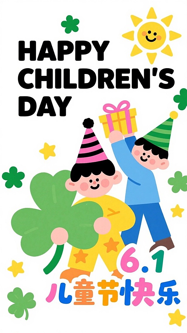 整体风格童趣活泼，背景为白色。海报顶部用黑色大写字母写着“HAPPY CHILDREN'S DAY” ，右上角有一个黄色太阳图案 。画面主体是两个卡通小孩形象。前景处的小孩穿着黄色星星形状的衣服，头戴粉黑配色的尖顶帽，手里举着大大的绿色四叶草，显得欢快活泼 。背景中另一个小孩穿着蓝色衣服，头戴绿色尖顶帽，双手举着一个黄色带粉色蝴蝶结的礼物盒 。两个小孩周围点缀着绿色四叶草、黄色星星等装饰元素，增添节日氛围 。海报中部偏右位置，用彩色艺术字写着“6.1儿童节快乐”