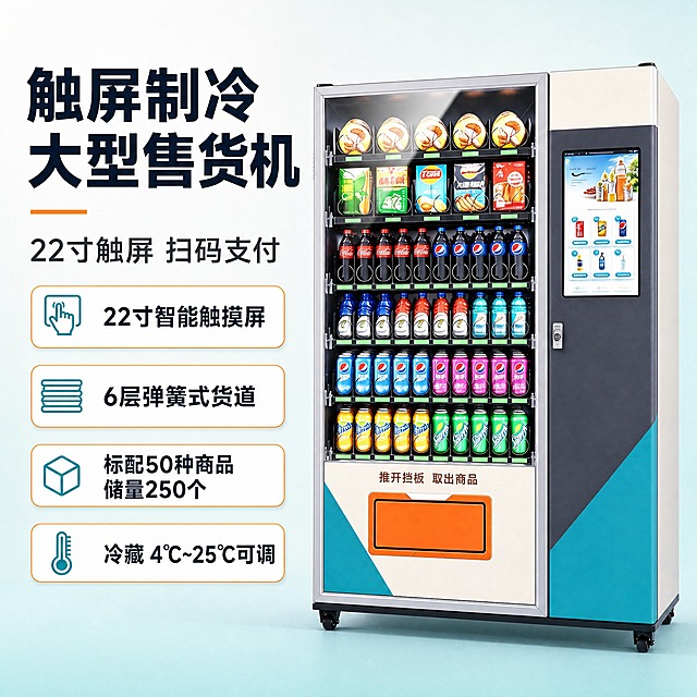 [主图-1] 触屏制冷大型售货机，淘宝主图首图，左右分栏构图：左侧文字、右侧整机。
[统一基调] 浅白到浅青渐变底，深蓝黑色粗体主标题，橙色作强调条与标签描边，青绿色作小面积辅助呼应机身，白色圆角卡片，无衬线黑体，画面明亮通透，不使用黑色或深色背景。
[画面] 右半区完整展示售货机整机，稍俯视，机身占右半区大部分高度，完整不裁切：浅白机身配青绿色斜向色块与深灰色右侧面板；正面左侧为大面积透明玻璃展示门，门内为6层弹簧式货道（上层零食、下层瓶装饮料）；右侧为竖版22寸智能触摸屏（屏内显示商品网格），屏下方有取货密码键盘；下部为白色面板配橙色取货口，底部四个黑色小滚轮；机器外观、比例、结构与参考图必须完全一致（包括青绿配色、大屏位置、六层货道、取货口位置），底部有真实接触阴影。
[左半区文字] 文字靠左对齐、分层排列：第一层为深蓝黑色超大号粗体主标题“触屏制冷大型售货机”；第二层为深灰色大号副标题“22寸触屏 扫码支付”；第三层为四个白色圆角标签，内为深蓝黑色粗体中文字，上下依次排列“22寸智能触摸屏”、“6层弹簧式货道”、“标配50种商品 储量250个”、“冷藏 4℃~25℃可调”。文案中不得出现任何支付平台名称。
[光影质感] 商业摄影质感，柔和棚拍光从左上打亮机身，玻璃门与大屏有自然反光，商品包装色彩鲜亮，地面浅青渐变无硬切边界。
[配色] 浅白与浅青为主，青绿与橙色呼应机身，深蓝黑色文字。
[文字版式] 字体统一无衬线黑体，主标题最大最粗，副标题次之，标签文字再小一级，文字不遮挡机器。
[输出要求] 1:1 方形构图，文字清晰无乱码，产品完整清晰；负向：变形，错字，英文，模糊，杂乱，水印，平台Logo，黑色背景，深色背景，机器裁切。