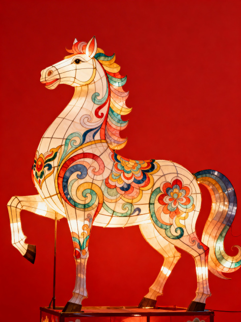 国风抽象风格，纸糊生肖马灯（全身呈现）；马儿姿态胸高气傲，尽显高傲优雅神韵，马身由柔美灵动的线条与层次分明的花纹组合而成，融入中国传统纹饰、敦煌纹元素；整体斑斓绚丽、美轮美奂；背景为纯红色预览效果