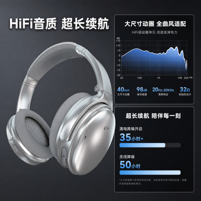 [主图-4] 银色头戴耳机音质续航参数卖点主图
[氛围风格] 硬核科技参数风，3D写实渲染
[画质] 商业渲染质感，数据清晰，产品真实，符合淘宝商业落地
[元素] 耳机主体放置在左侧，右侧分上下两个区预览效果