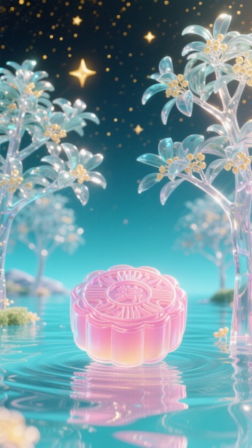 桂花树林深处，碧波荡漾的湖面上悬浮着一个巨大的精致的粉色渐变月饼，背景是星空，整体呈现金色预览效果