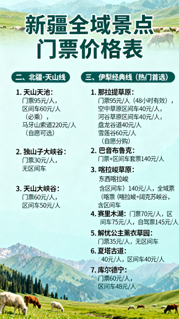 设计一张旅游攻略海报，主题为"新疆全域景点门票价格表"，清晰列出北疆天山线和伊犁经典线各景点的门票和区间车价格：
二、北疆·天山线
1. 天山天池
门票：95元/人，区间车：60元/人（必乘）
马牙山预览效果