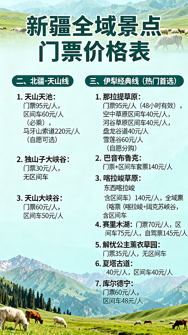设计一张旅游攻略海报，主题为"新疆全域景点门票价格表"，清晰列出北疆天山线和伊犁经典线各景点的门票和区间车价格：
二、北疆·天山线
1. 天山天池
门票：95元/人，区间车：60元/人（必乘）
马牙山索道：220元/人（自愿可选）
2. 独山子大峡谷
门票：30元/人，无区间车
3. 天山大峡谷
门票：60元/人，区间车：50元/人

三、伊犁经典线（热门首选）
1. 那拉提草原
门票：95元/人（48小时有效）
空中草原区间车：40元/人；河谷草原区间车：24元/人；盘龙谷道：40元/人
雪莲谷：60元/人（自愿另购）
2. 巴音布鲁克
门票+区间车套票：140元/人
3. 喀拉峻草原
东西喀拉峻（含区间车）：140元/人
全域票（喀拉峻+阔克苏峡谷，含区间车）：275元/人
4. 赛里木湖
门票：70元/人，区间车：75元/人
自驾票：145元/人
5. 解忧公主薰衣草园
门票：35元/人，无区间车
6. 夏塔古道
门票：40元/人，区间车：40元/人
7. 库尔德宁
门票：60元/人，区间车：48元/人
整体风格清新简约，搭配新疆草原风景元素，文字清晰易读，竖版构图。