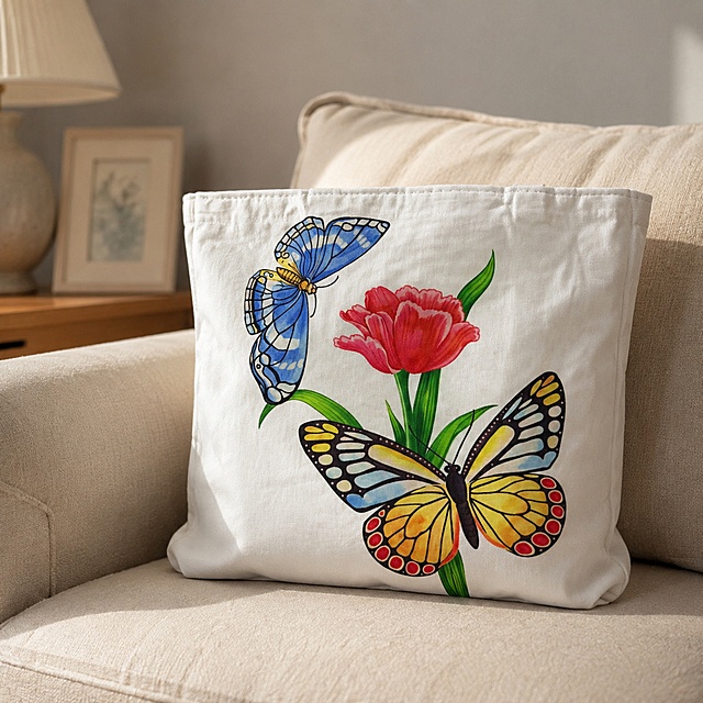 [主图-5] Escena de vida de la bolsa de lona colocada en el sofá. Mantenga el patrón de mariposas y flores rojas de la imagen original, color blanco de lona, mantenga la apariencia, estructura física, textura de material y color del producto absolutamente consistentes con la imagen de entrada. Coloque la bolsa de lona en el sofá de algodón beige, muestre la combinación de la bolsa en la vida diaria, Atmósfera relajada y natural. Fondo de escena de sala de estar simple, colores de baja saturación, no robe el protagonismo del producto. La textura de fotografía comercial, luz suave de la tarde, producto claro, Atmósfera cálida y confortable. Luz natural de la ventana por la tarde, luz principal suave, luz de relleno ambiental, contraste de luz cómodo, sensación de jerarquía clara. Paleta de color principal, blanco del producto, beige del sofá, color de pared gris claro como color auxiliar. Vista de平视 con ángulo oblicuo, el producto está en el centro, la escena de fondo es ligeramente desenfocada, jerarquía clara. Requisitos de salida: proporción 1:1, texto claro y reconocible, calidad de fotografía comercial super alta definición. Palabras de sugerencia negativas: deformación, desorden de texto, imagen de producto borrosa, fondo desordenado, marca de agua, logotipo de plataforma de comercio electrónico, información promocional.
