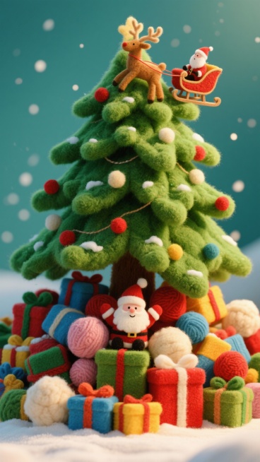 圣诞节海报，中央是一棵大大的圣诞树，树下堆满了各种颜色的礼物盒，树顶上有麋鹿拉着雪橇，雪橇上坐着一个小小的圣诞老人玩偶，圣诞老人被埋在礼物堆中，整体呈现出毛线球和羊毛毡的质感，画面温馨可爱，充满节日氛预览效果