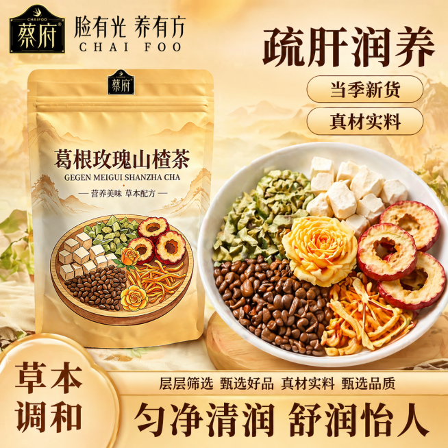 电商商品主图，1:1正方形，淘系养生食材类风格，暖黄色渐变中式山水纹理背景，整体温暖有食欲，视觉高级。左上角：黑色方形品牌logo，印【蔡府 CHAIFOO】字样，旁边配品牌slogan【脸有光 养有预览效果