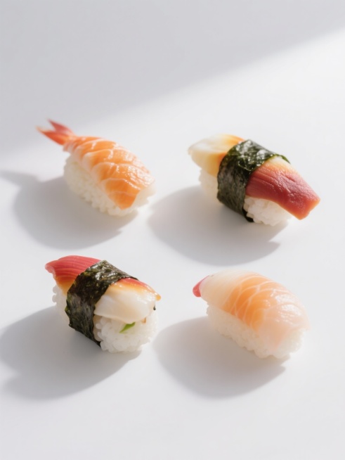 一组4个完全不同的日料寿司元素集合，保持与原图一致的超写实摄影风格，纯净白色纯色背景，高清晰度，柔和自然光从斜上方照射，呈现细腻的食材纹理和真实的光影效果，每个寿司元素都具有鲜艳的色彩和清晰的细节，包括不同种类的寿司如握寿司、手卷、军舰卷和散寿司，规整对称排布，整体构图平衡，突出日料的精致与美味，无任何文字、LOGO、二维码及多余装饰元素。预览效果