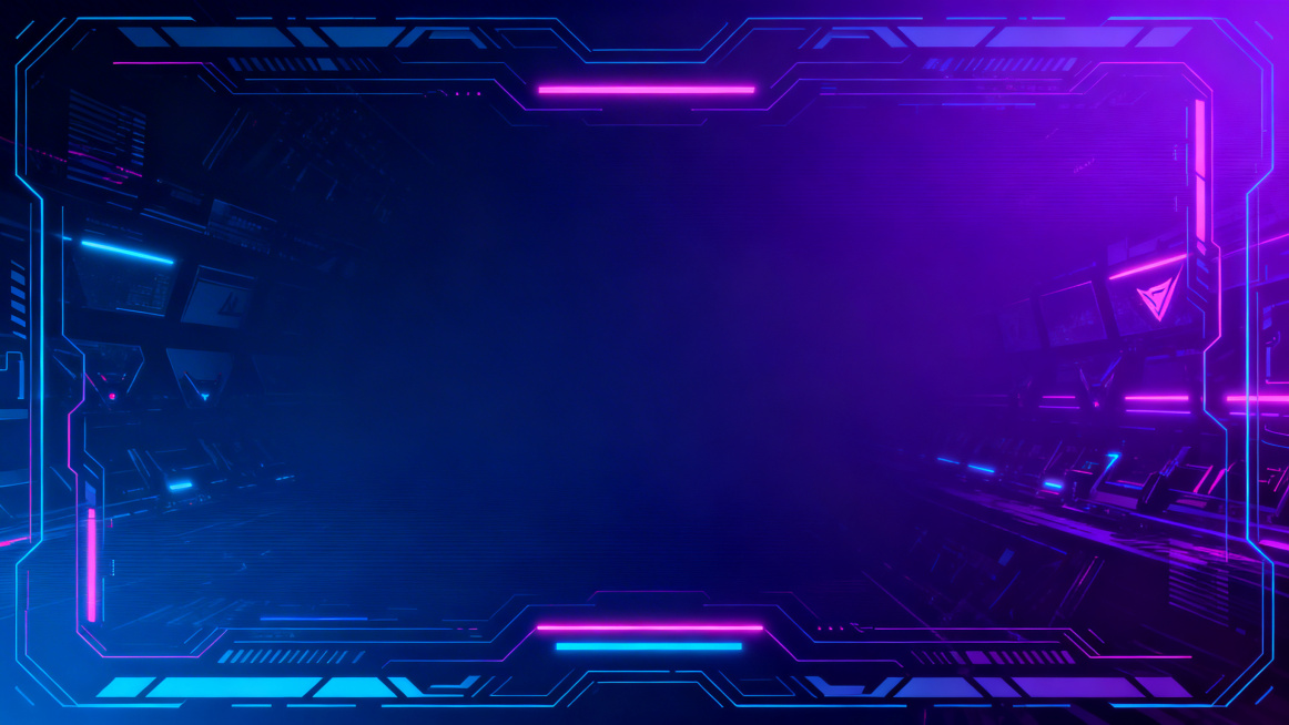 电竞队赛事海报背景，充满科技感，霓虹灯光效果，赛博朋克风格，深蓝色和紫色渐变，带有电竞元素和科技线条，适合作为赛事宣传海报的背景画面预览效果