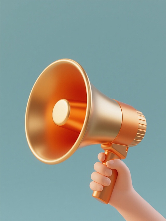 简约现代风格3D渲染，单一元素规整排布，纯色背景，无文字无logo无水印，橙色与金色渐变金属质感喇叭，手持握柄设计，高光反射细节，平滑曲面，立体感强，喇叭口圆形扩音器，正面45度角视角，简洁工业设计语言，阴影柔和，色彩鲜明饱和。