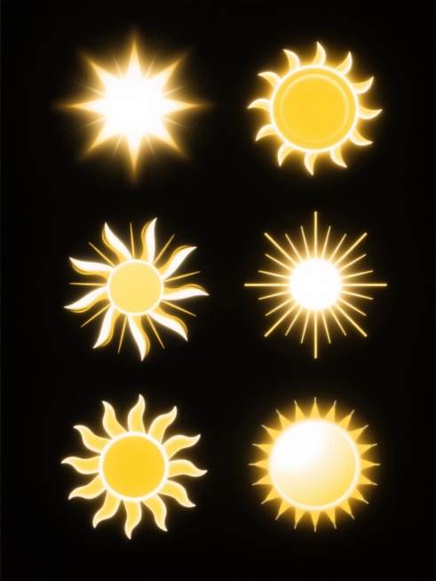 黑色背景上，六个不同样式和风格的太阳光以整齐的排列方式呈现，每个太阳都散发着明亮的光芒，有的带有柔和的光晕，有的呈现出放射状的线条，有的则是圆形的光斑，整体画面简洁而富有视觉冲击力，色彩以明亮的黄色和白色为主，营造出温暖而耀眼的氛围。预览效果