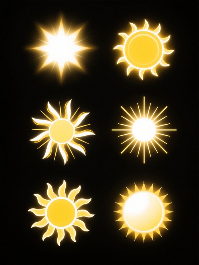 黑色背景上，六个不同样式和风格的太阳光以整齐的排列方式呈现，每个太阳都散发着明亮的光芒，有的带有柔和的光晕，有的呈现出放射状的线条，有的则是圆形的光斑，整体画面简洁而富有视觉冲击力，色彩以明亮的黄色和白色为主，营造出温暖而耀眼的氛围。