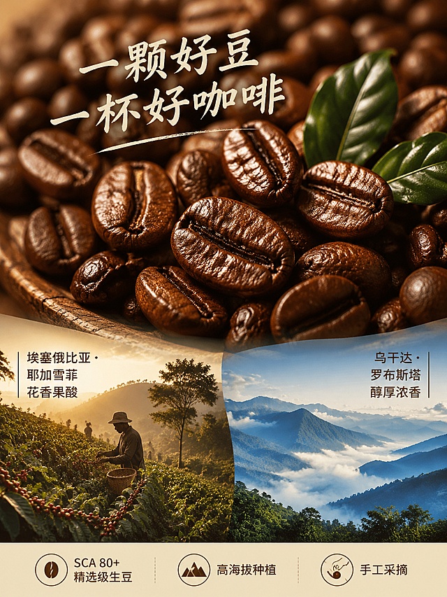 [第3屏] 成分/产地专屏 - 精选咖啡豆原料微距与产地品质展示。本屏为原料产地专屏，无需展示产品包装主体，以咖啡豆原料和产地场景为主视觉。
[氛围/风格] 高级食材摄影风，微距质感，暖棕色调，真实自然有食欲感。
[元素布局] 画面上半部分为大比例咖啡豆微距特写（占屏约50%）：烘焙均匀的深棕咖啡豆堆叠，颗粒饱满有光泽，表面油润可见，散落2-3片咖啡叶；画面下半部分左侧为非洲咖啡庄园山坡实景（咖啡树、红果、采摘场景剪影），右侧为蓝山山脉云雾风景；底部有一条横向信息带标注产地信息；咖啡豆颗粒大且清晰，主视觉合计占屏≥60%。
[光影质感] 侧上方柔和暖光打在咖啡豆上，形成自然高光与明暗层次，咖啡豆立体感强，油润质感突出，背景虚化突出主体。
[配色色系] 全局底色 #EDE0C8（浅米棕）；主色 #6F4E37（咖啡棕）+ #3E2723（深烘棕）；辅助色 #8BC34A（咖啡叶绿）+ #5B7B9C（远山蓝）。
[视角构图] 微距俯视+场景拼图，上重下轻布局，阅读动线顶部咖啡豆特写 → 中部产地场景 → 底部产地文字。
[文字版式] 咖啡豆区域上方叠加主标题「一颗好豆 一杯好咖啡」，手写感字体；左下产地区配文「埃塞俄比亚 · 耶加雪菲 花香果酸」；右下产地区配文「乌干达 · 罗布斯塔 醇厚浓香」；底部信息带标注「SCA 80+ 精选级生豆」「高海拔种植」「手工采摘」；圆润黑体字，字色深棕，字号适中可读。
[比例分辨率] 3:4竖版比例，width=1200，height=1600，4K分辨率，高清微距质感。
[负向提示词] 咖啡豆变形，颜色发灰，无油润质感，产地画面模糊，文字过小，水印，杂乱背景。