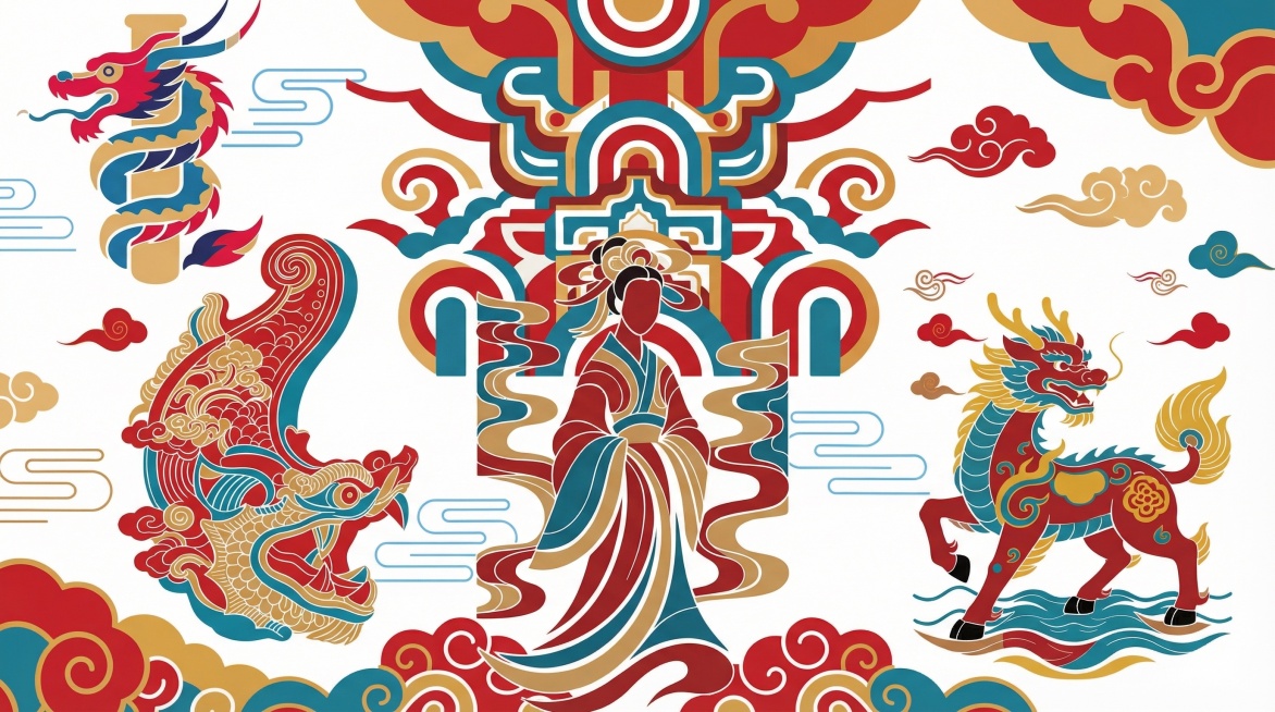 将图中的古代女子、龙头、龙首、瑞兽麒麟、建筑纹样这些元素进行排列组合，生成一张横向国潮风海报，保留原图的红金青配色和国潮装饰插画风格，添加简洁的国祥云纹背景预览效果