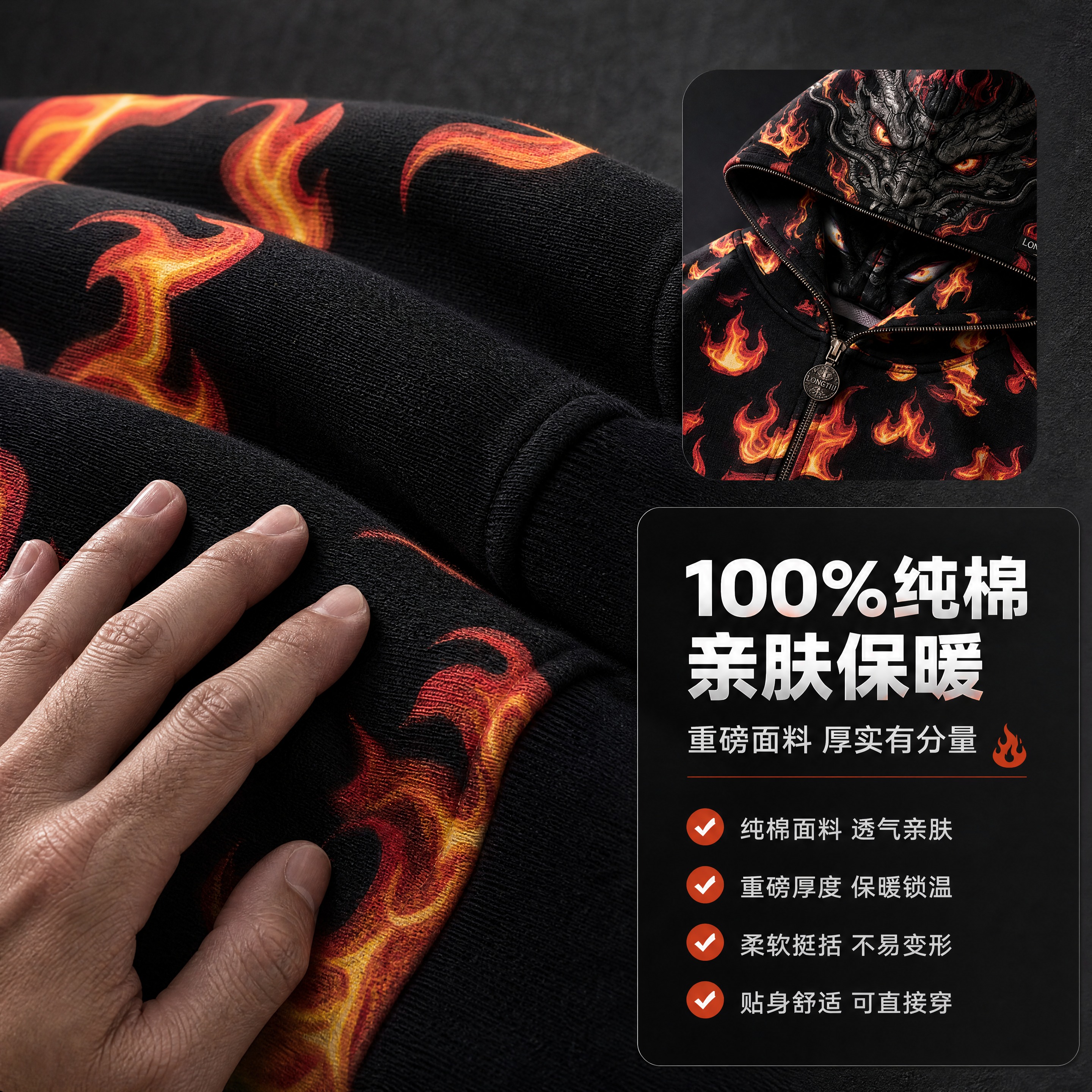 [商品] 使用【图1】黑底火焰龙纹连帽拉链卫衣；商品处理：保留… - 图片创意预览