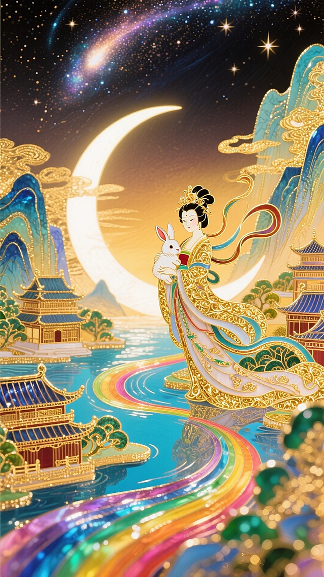 非遗珐琅工艺风格，画面上方是宇宙星河点点，画面下方是五彩斑斓的江水，江水曲折蜿蜒，两岸是山峦和古建筑，一弯月亮横在江水中间，月亮上的嫦娥抱着玉兔，嫦娥在整体画面的中心，整体是金灿灿的暖色调